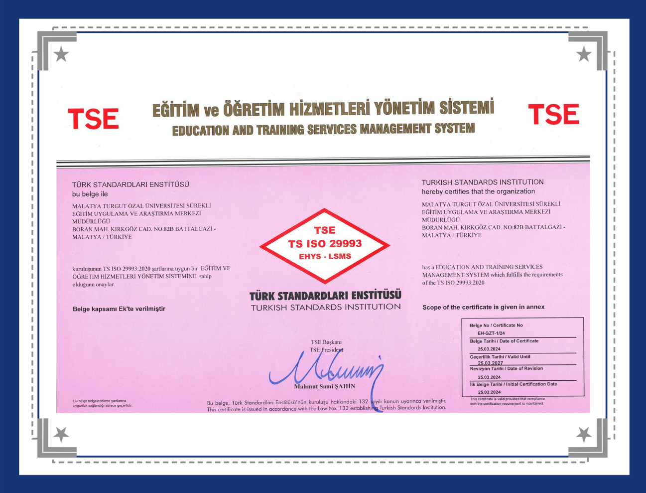 TS ISO 9001 Kalite Yönetim Belgesi